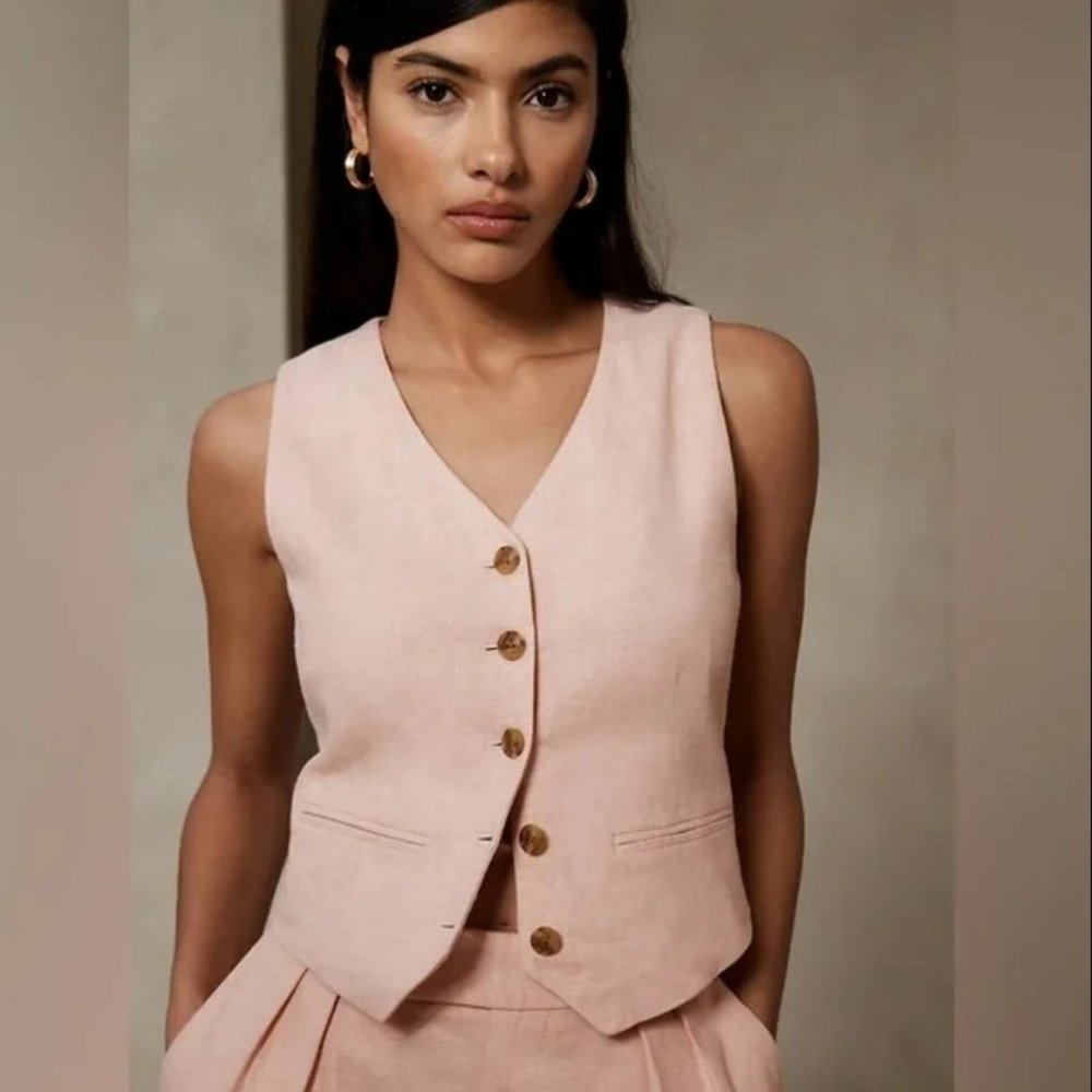 NWT - Banana Republic Factory Linen Blend Vest Herringbone Pattern -  Size 14